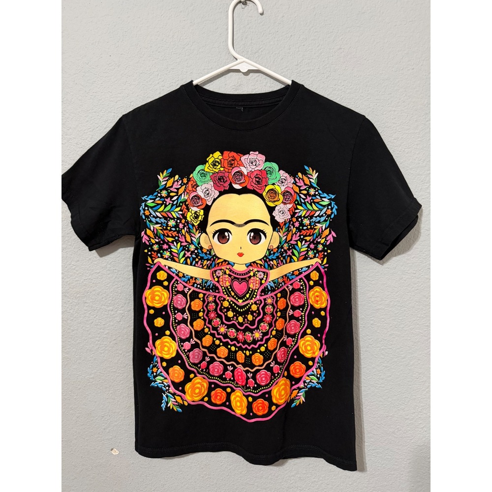 Frida Kahlo Chibi Graphic T-Shirt Small Black Floral Mexican Art Tee Mexican